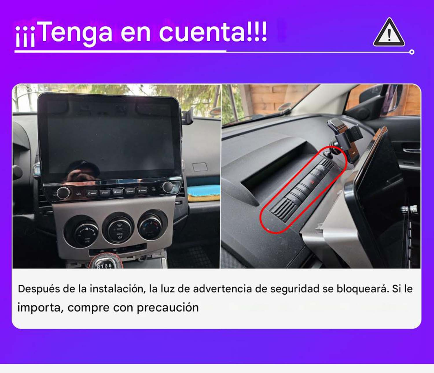 Vista interior del coche con un estéreo. Tiene un mensaje de advertencia sobre el bloqueo de la luz de seguridad.
