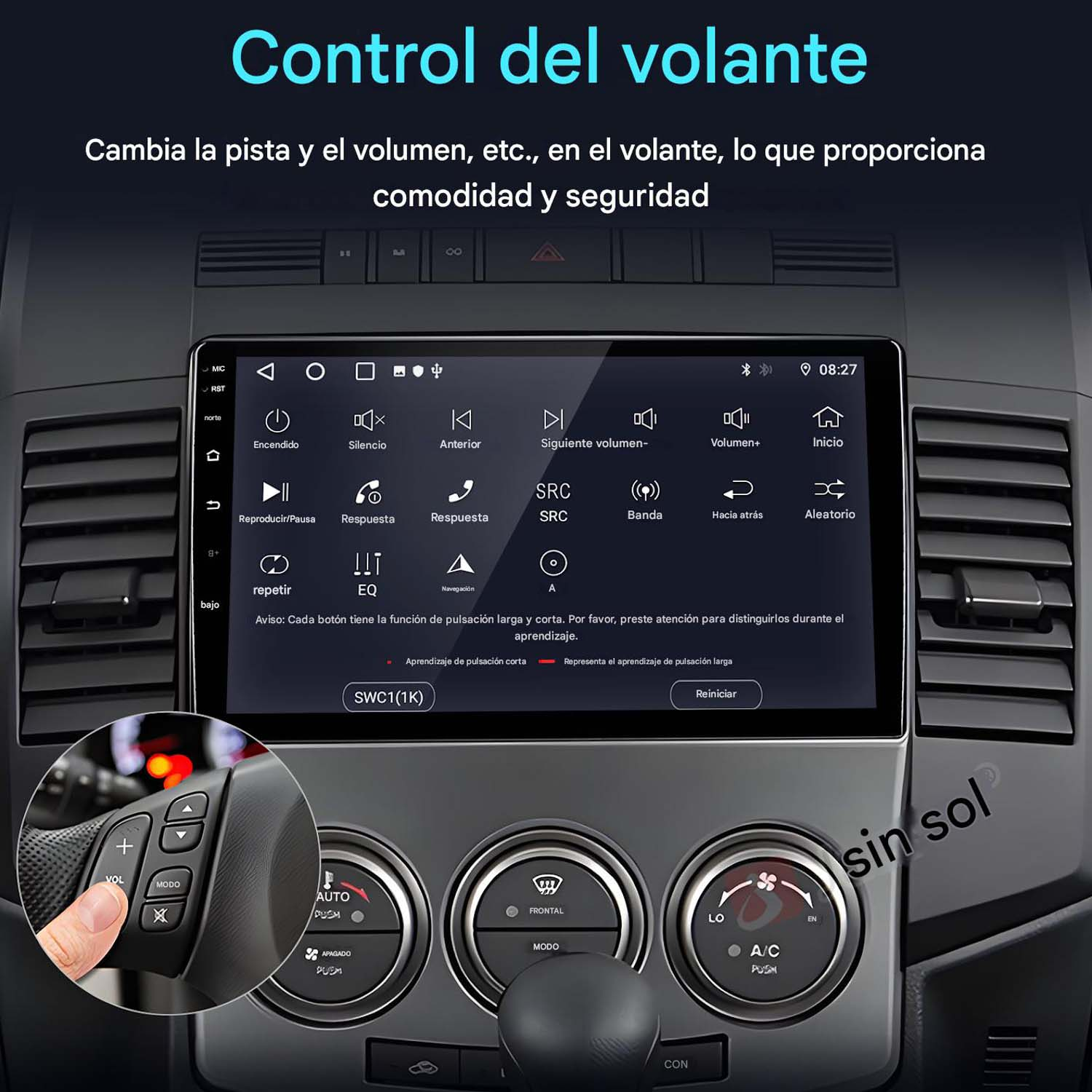 Un estéreo de coche con pantalla táctil. El texto en la pantalla describe las funciones y características.