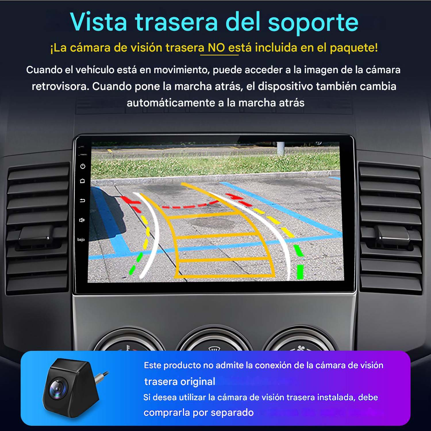 Salpicadero de coche con pantalla que muestra una vista de asistencia de estacionamiento, con superposiciones de texto.