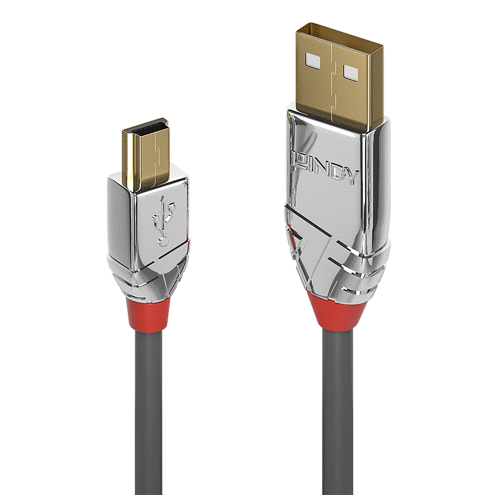 Kabel USB z metalowymi złączami i czerwonymi akcentami na białym tle.