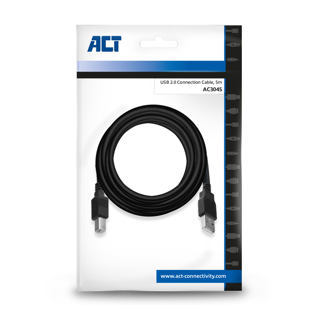 Zwarte USB-kabel in verpakking met 'ACT'-logo en productdetails op een witte achtergrond.