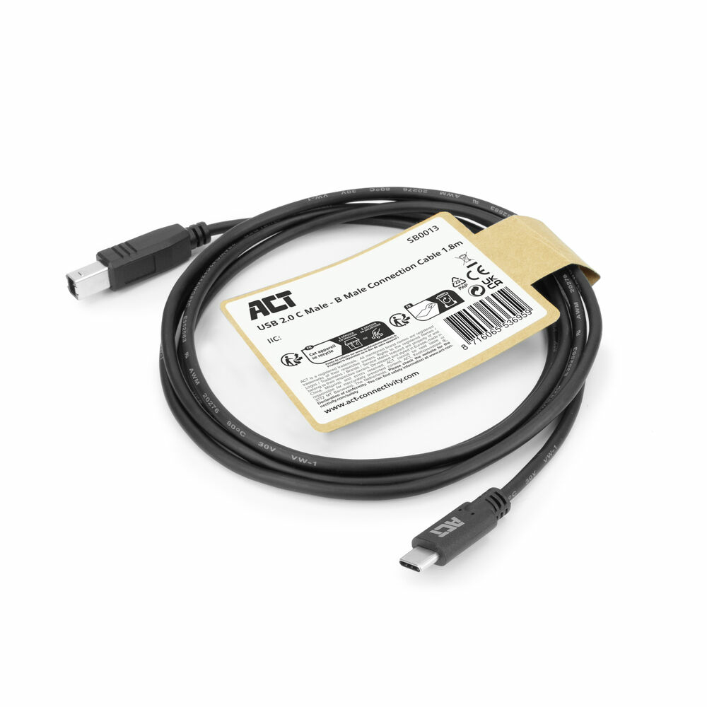 Cavo USB-C nero arrotolato con etichetta del prodotto su sfondo bianco. Il cavo ha il marchio 'ACT'.