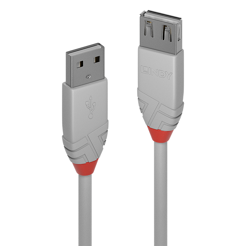 Câble USB gris avec des accents rouges. Possède deux connecteurs USB, un standard et un USB-A.