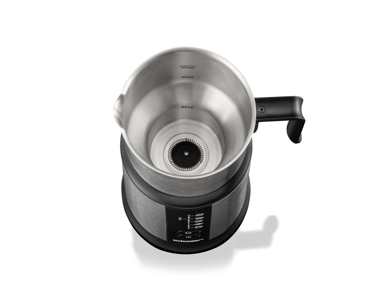 Widok z góry na spieniacz do mleka ze stali nierdzewnej z czarnym uchwytem.