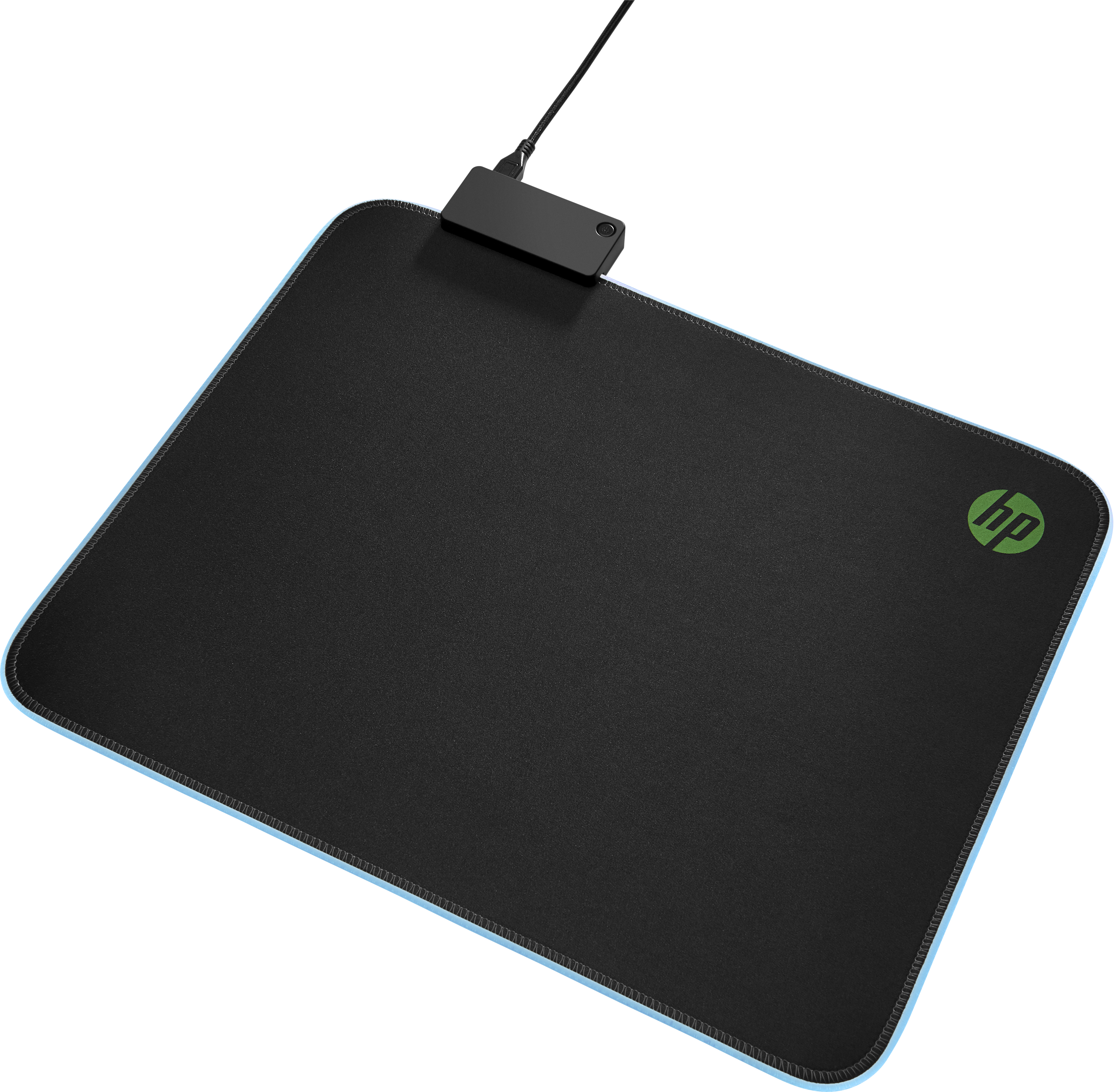 Een zwart-blauwe muismat met het HP-logo rechts en een kabel aan de bovenkant.