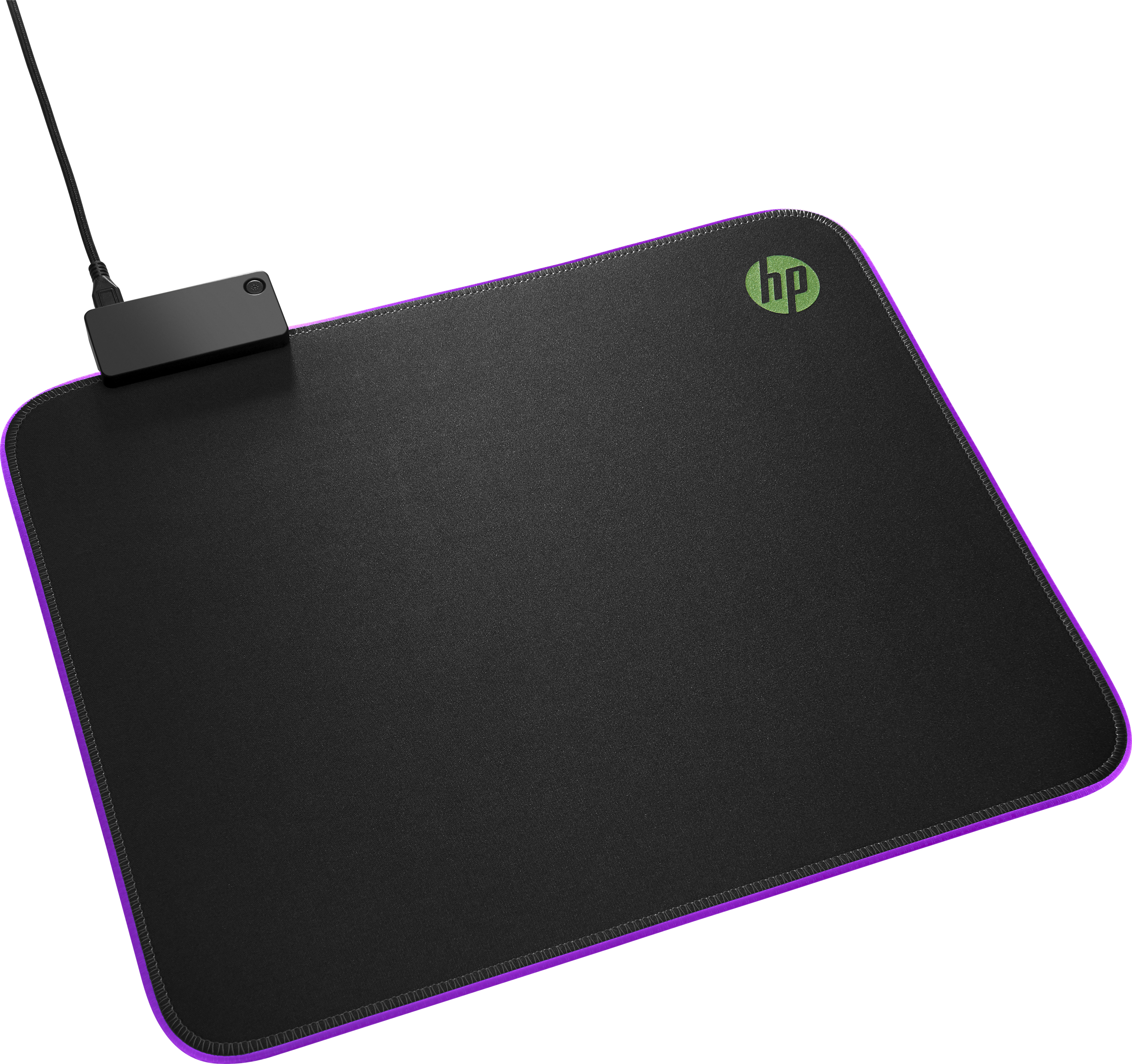 Zwarte HP-muismat met paarse rand en logo. Heeft een zwarte doos met een aangesloten kabel.