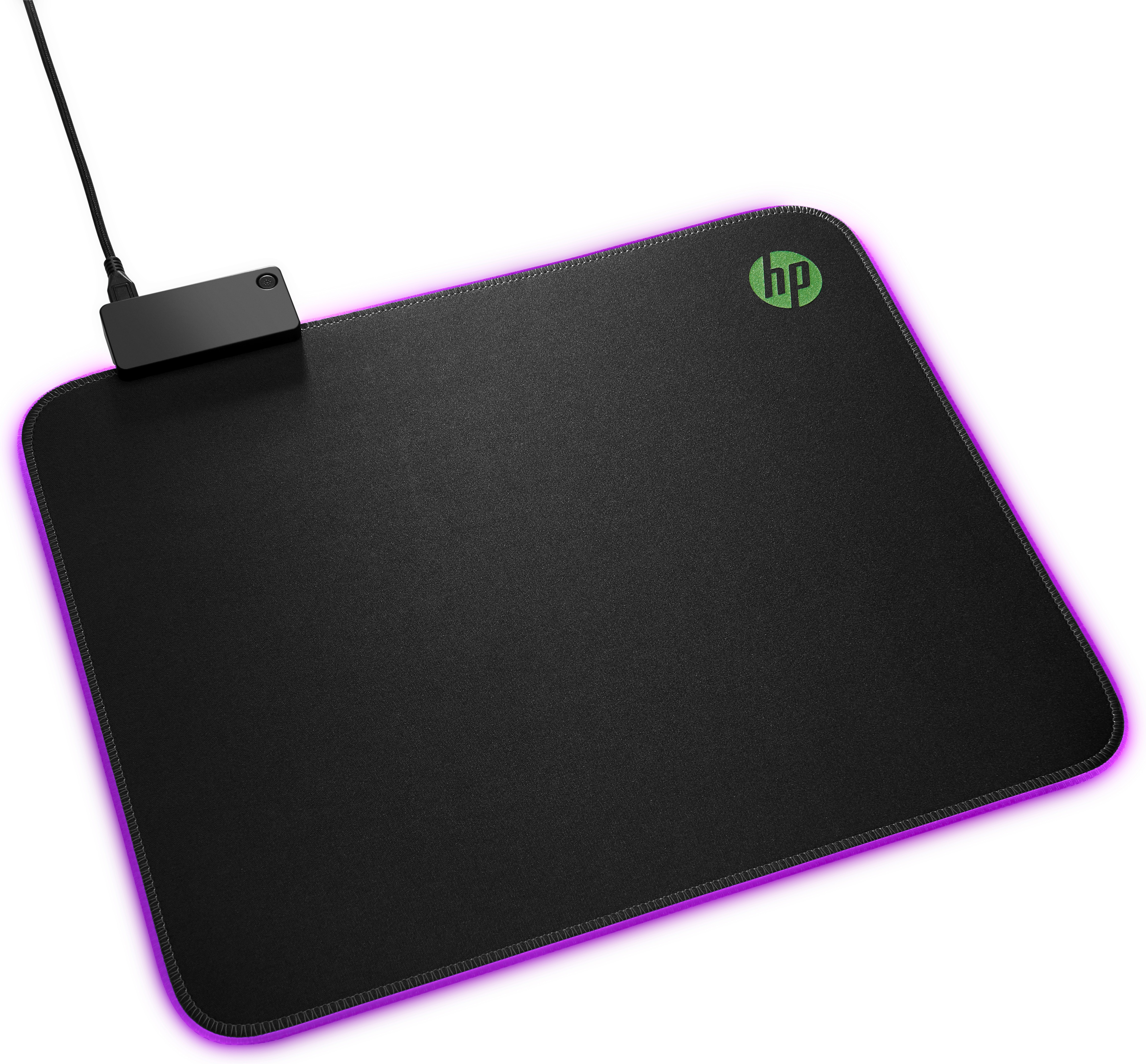 Zwarte HP gaming muismat met RGB-verlichting, bovenaanzicht.