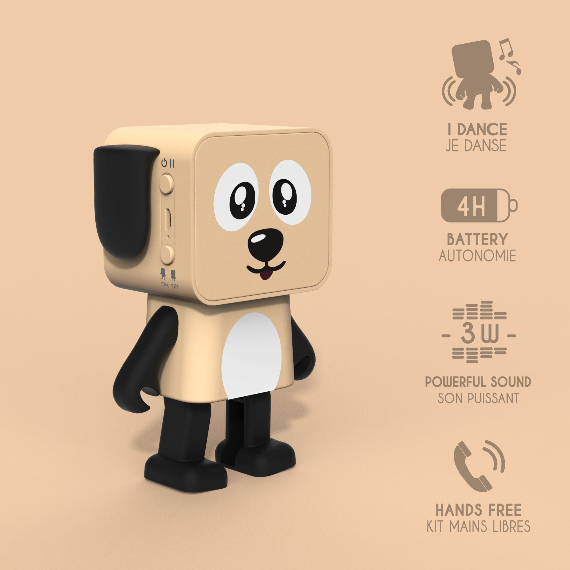 Głośnik w kształcie psa z ikonami tańca, żywotności baterii, dźwięku i rozmów w trybie głośnomówiącym.
