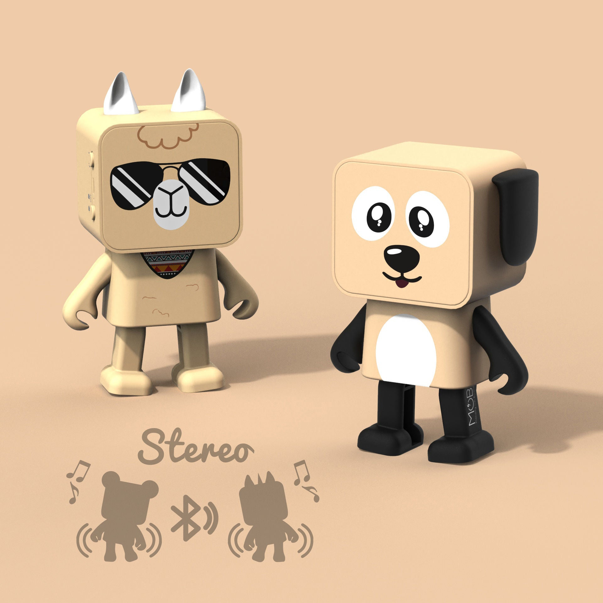 Dwa zabawki głośniki z twarzami zwierząt z kreskówek. Jeden to lama w okularach przeciwsłonecznych, drugi to pies.