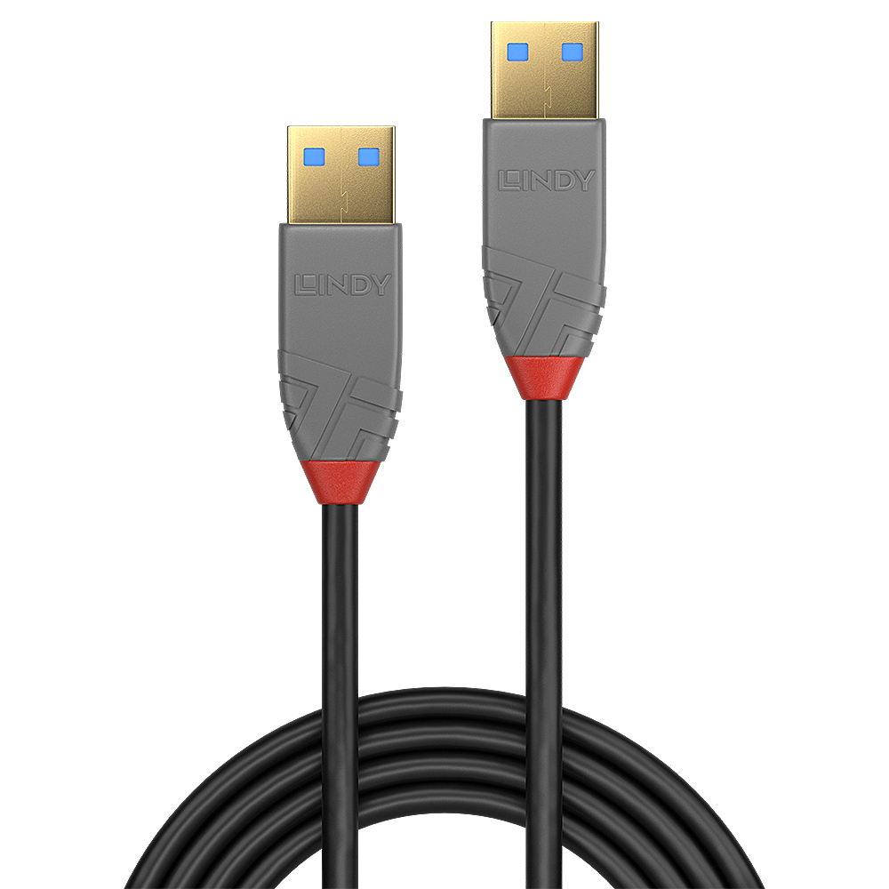 Kabel USB. Złącza są szare z czerwonymi akcentami. Czarny kabel.