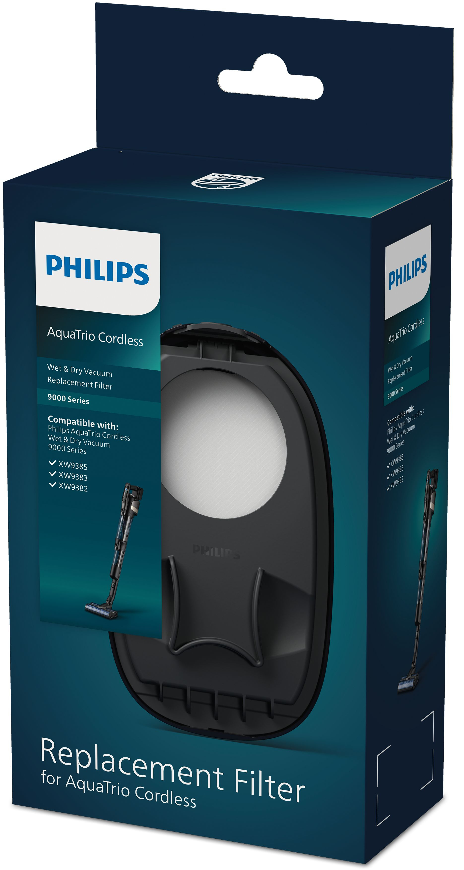 Scatola blu con filtro di ricambio. Philips AquaTrio Cordless, compatibile con la serie XW938x.