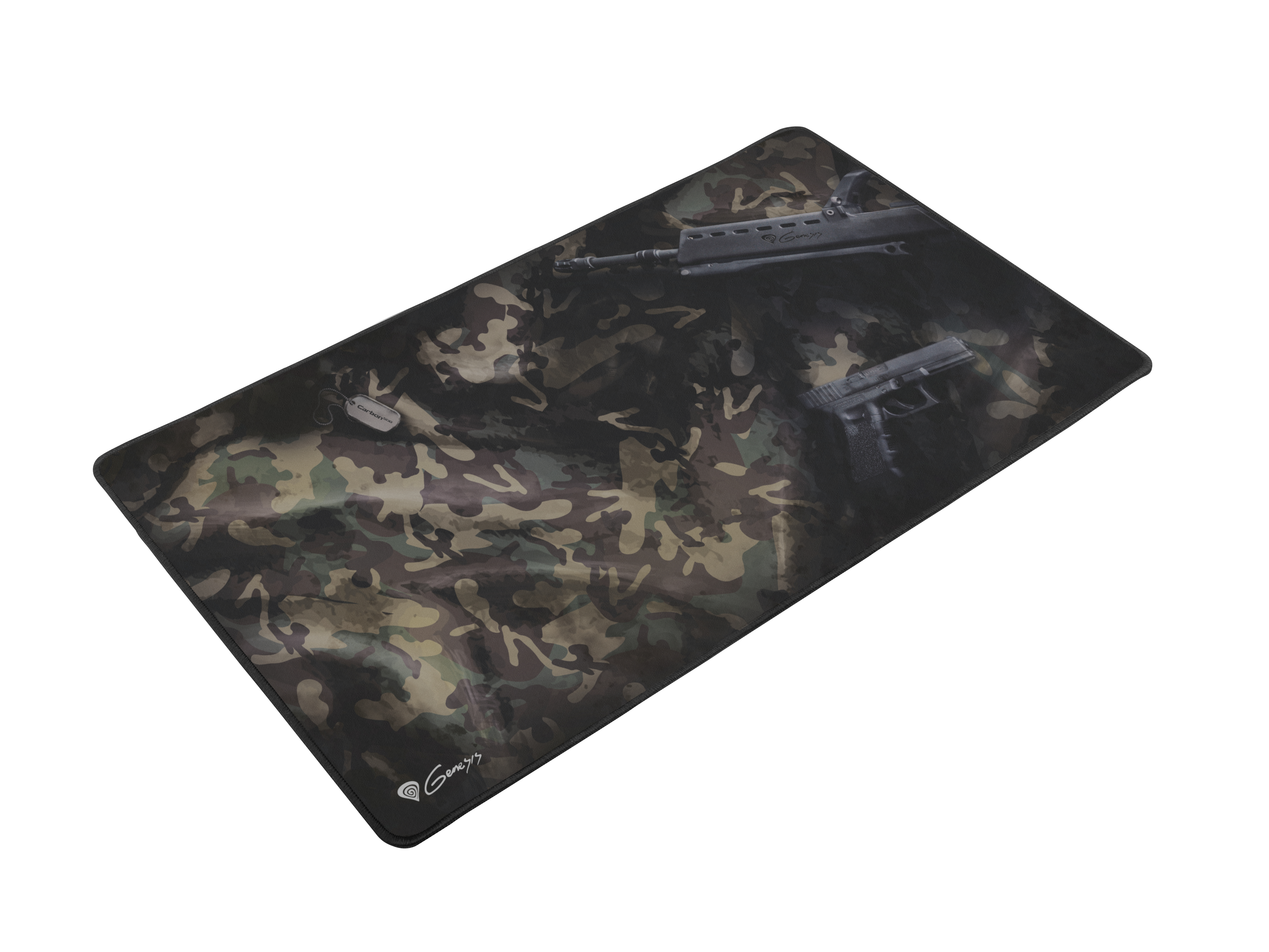 Alfombrilla de ratón de camuflaje con una ilustración de un arma y una pistola. Fondo blanco.