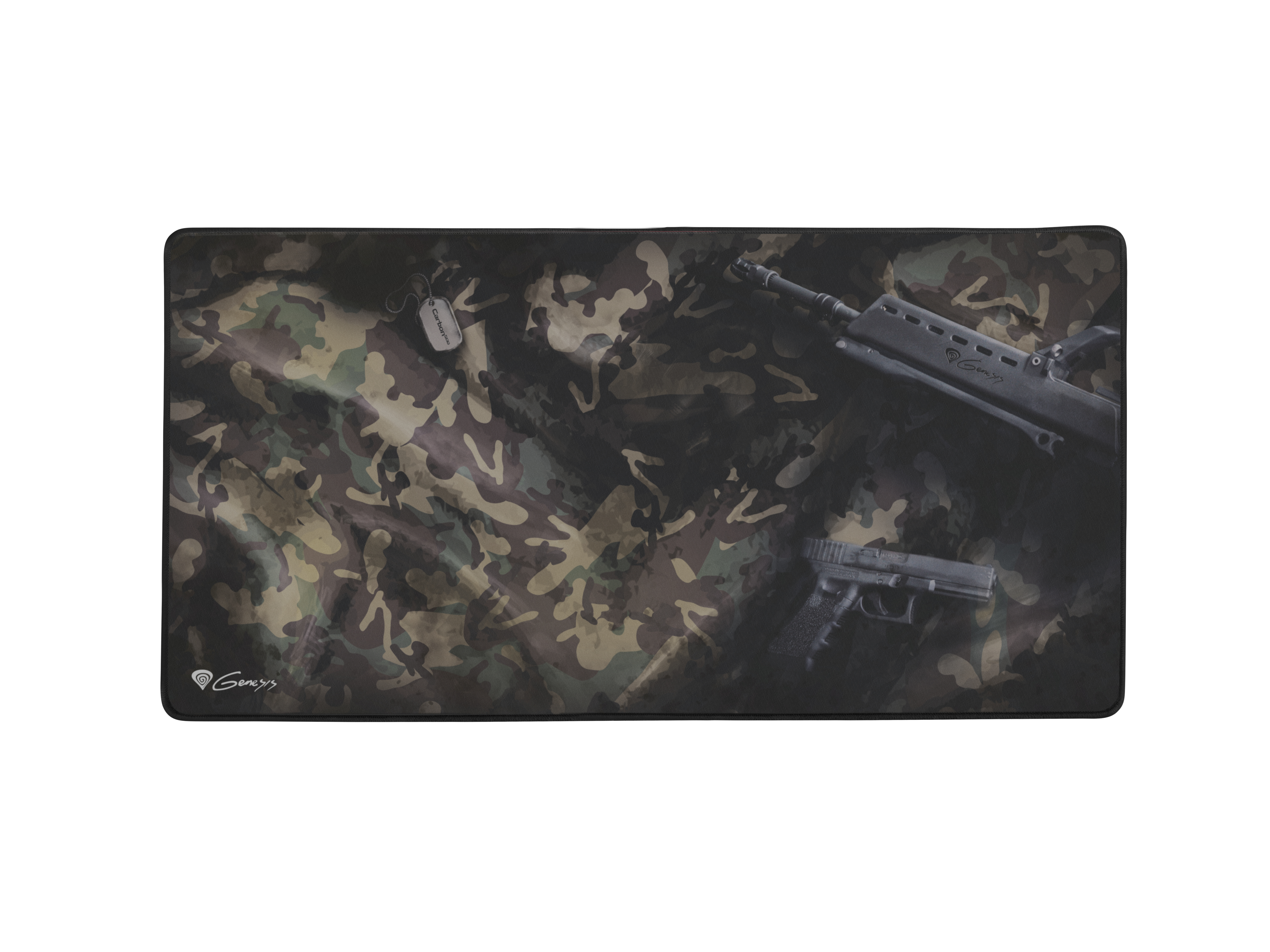 Alfombrilla de ratón camuflaje con rifle, pistola y placa de identificación.