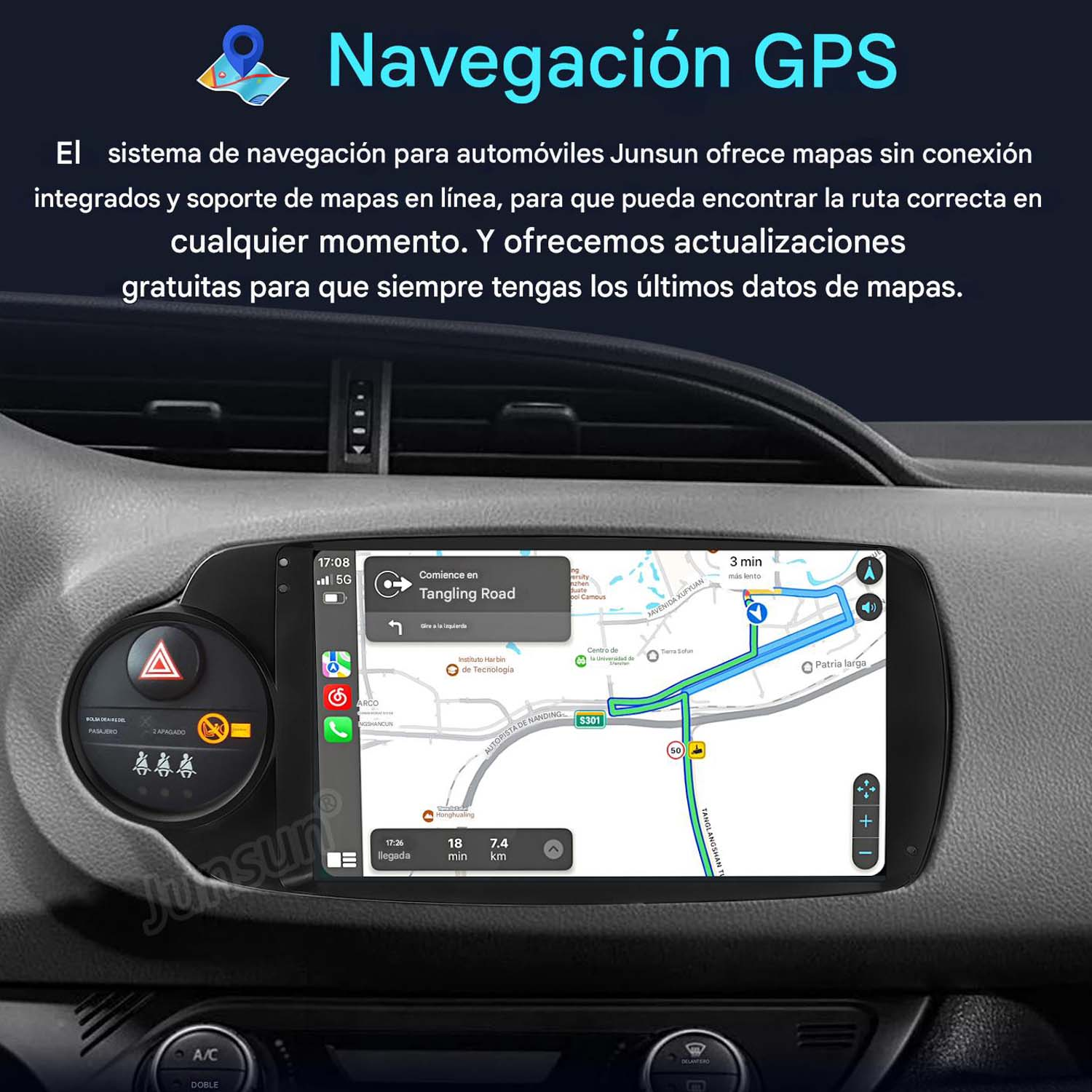 Panel de coche mostrando una pantalla de navegación GPS. La imagen muestra un mapa y direcciones.