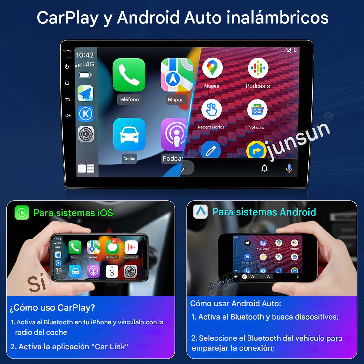 Pantalla de coche que muestra CarPlay y Android Auto, con iconos de teléfono y aplicaciones. Instrucciones para iOS y Android.