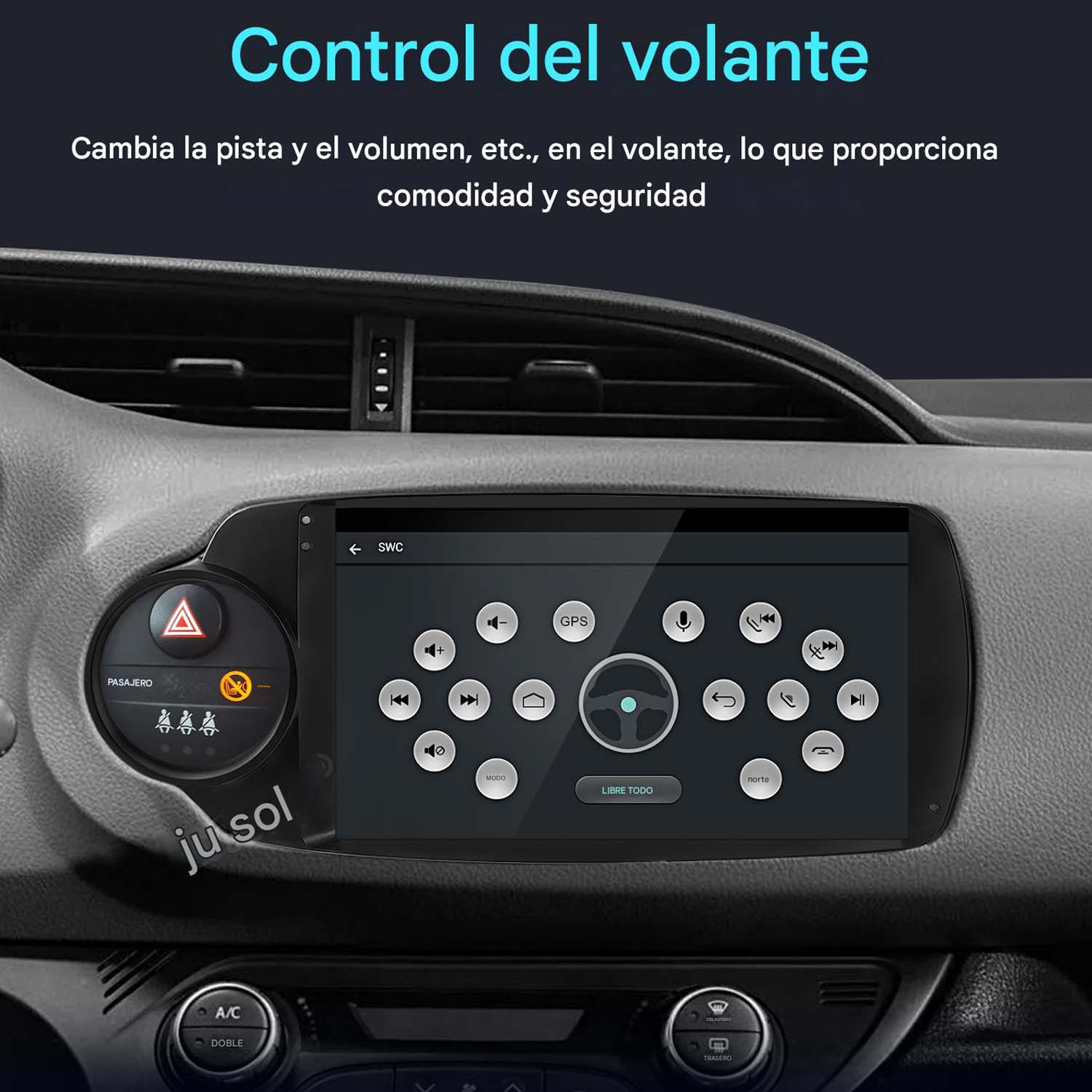 Interior del coche con pantalla mostrando controles. Texto en español. Se muestra el control del volante.