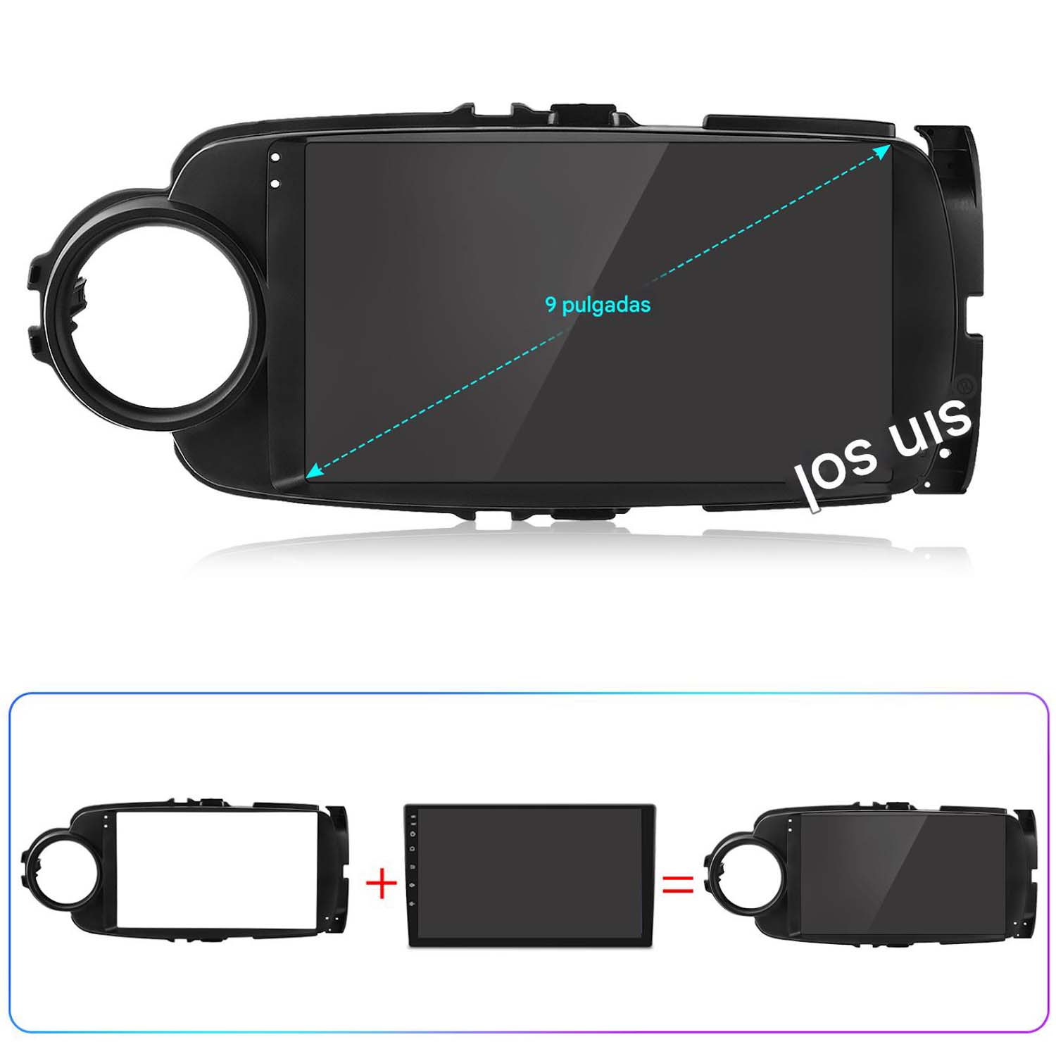 Conjunto de pantalla y marco de estéreo de coche. Diagrama muestra pantalla de 9 pulgadas y componentes.