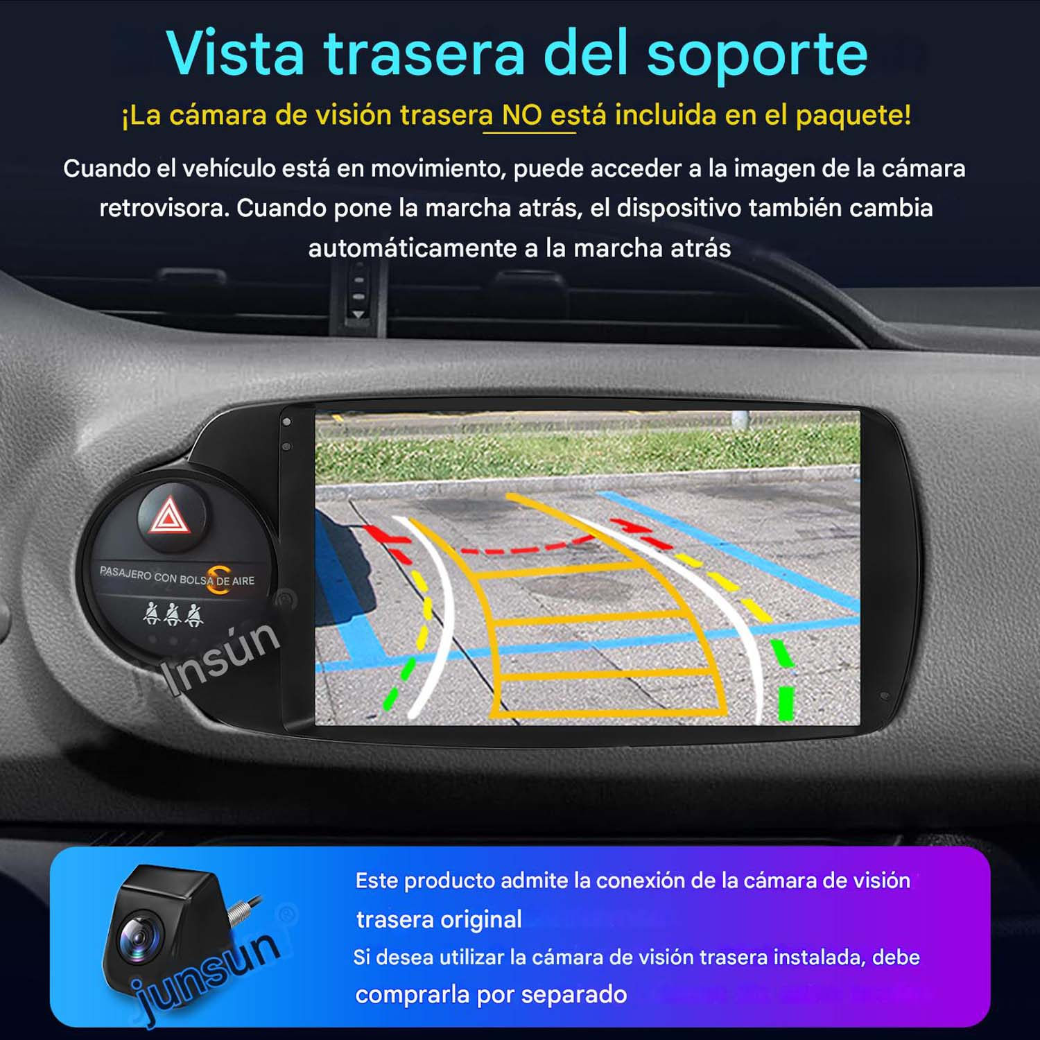 Pantalla de coche mostrando la vista de la cámara de visión trasera, con texto y un contorno de coche.