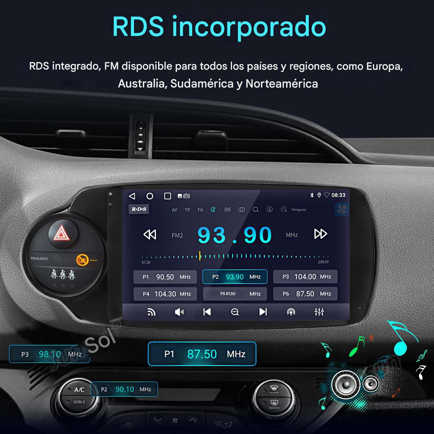 Panel de instrumentos del coche mostrando una pantalla de radio con frecuencia y ajustes RDS.
