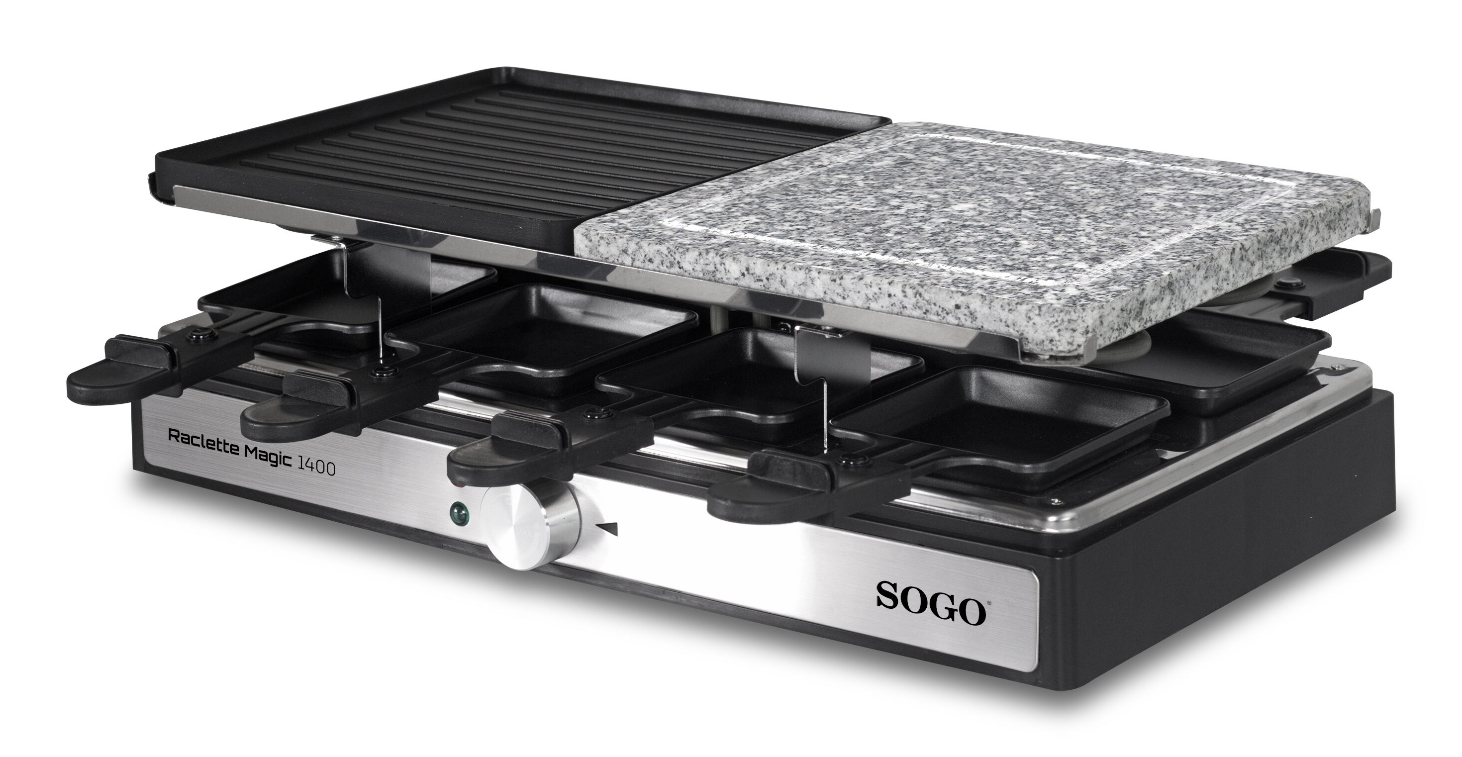 Grill do raclette z dwiema płytami i sześcioma małymi patelniami. Srebrna podstawa, czarne uchwyty i patelnie, granitowe i czarne płyty.