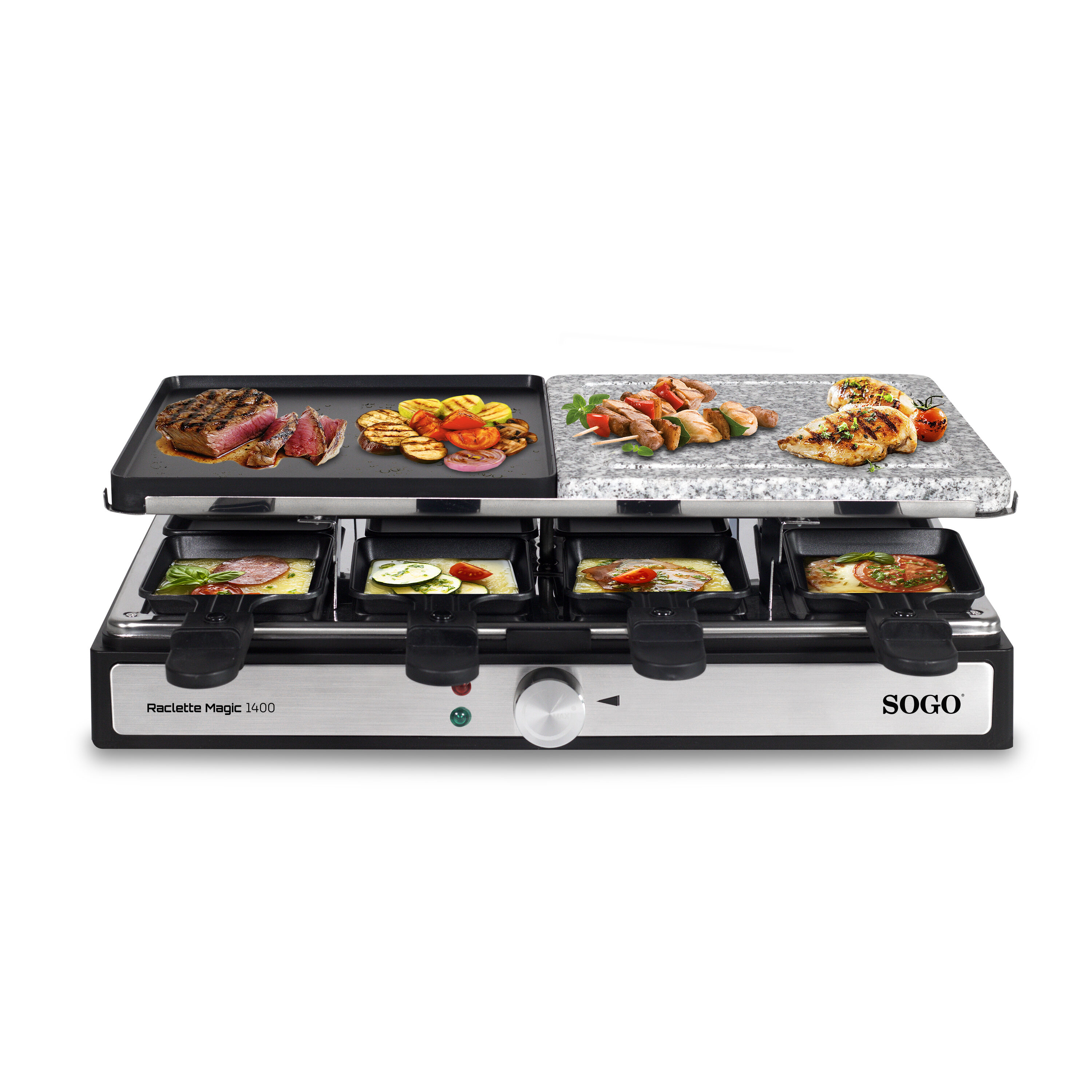 Grill do raclette z jedzeniem. Zawiera stek, warzywa i ser.