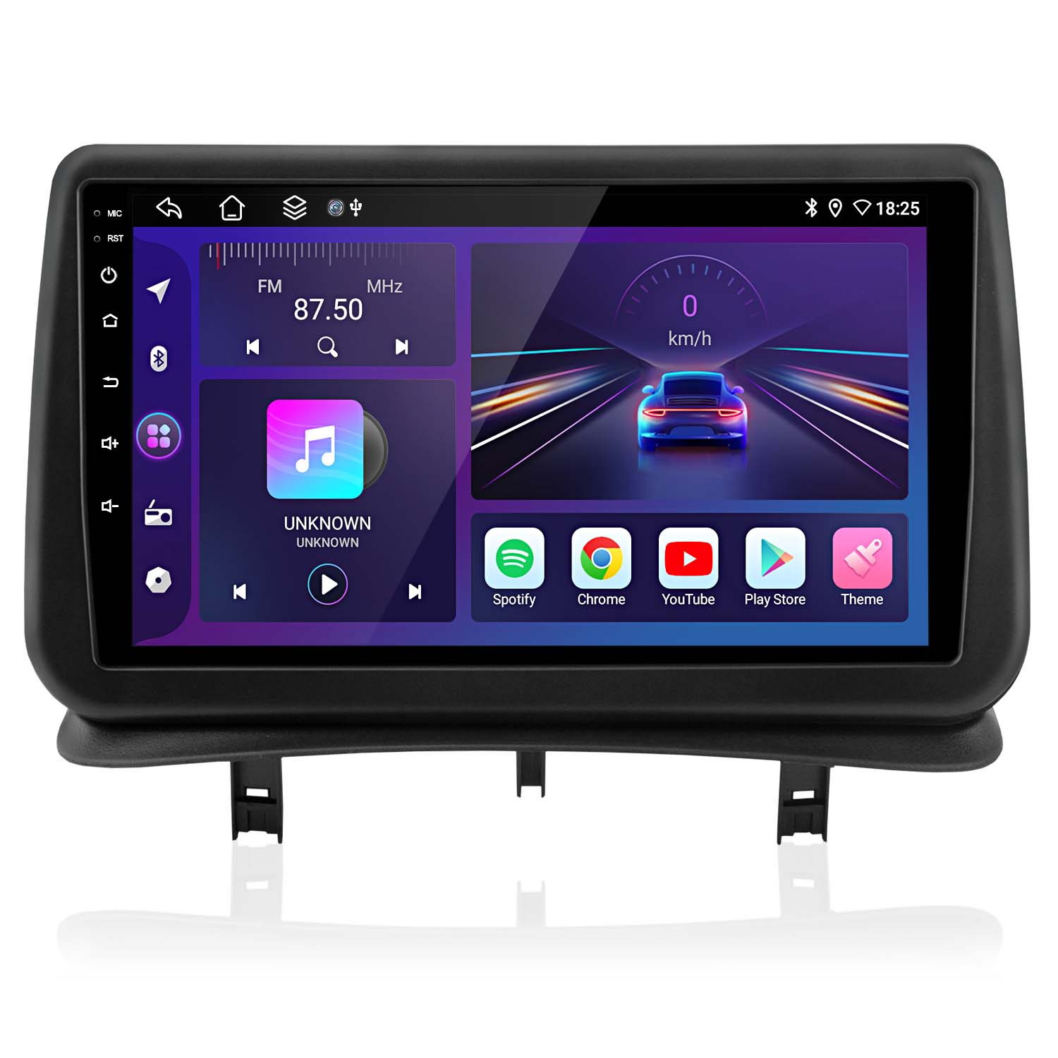 Radio de coche con pantalla táctil que muestra navegación, música e iconos de aplicaciones.