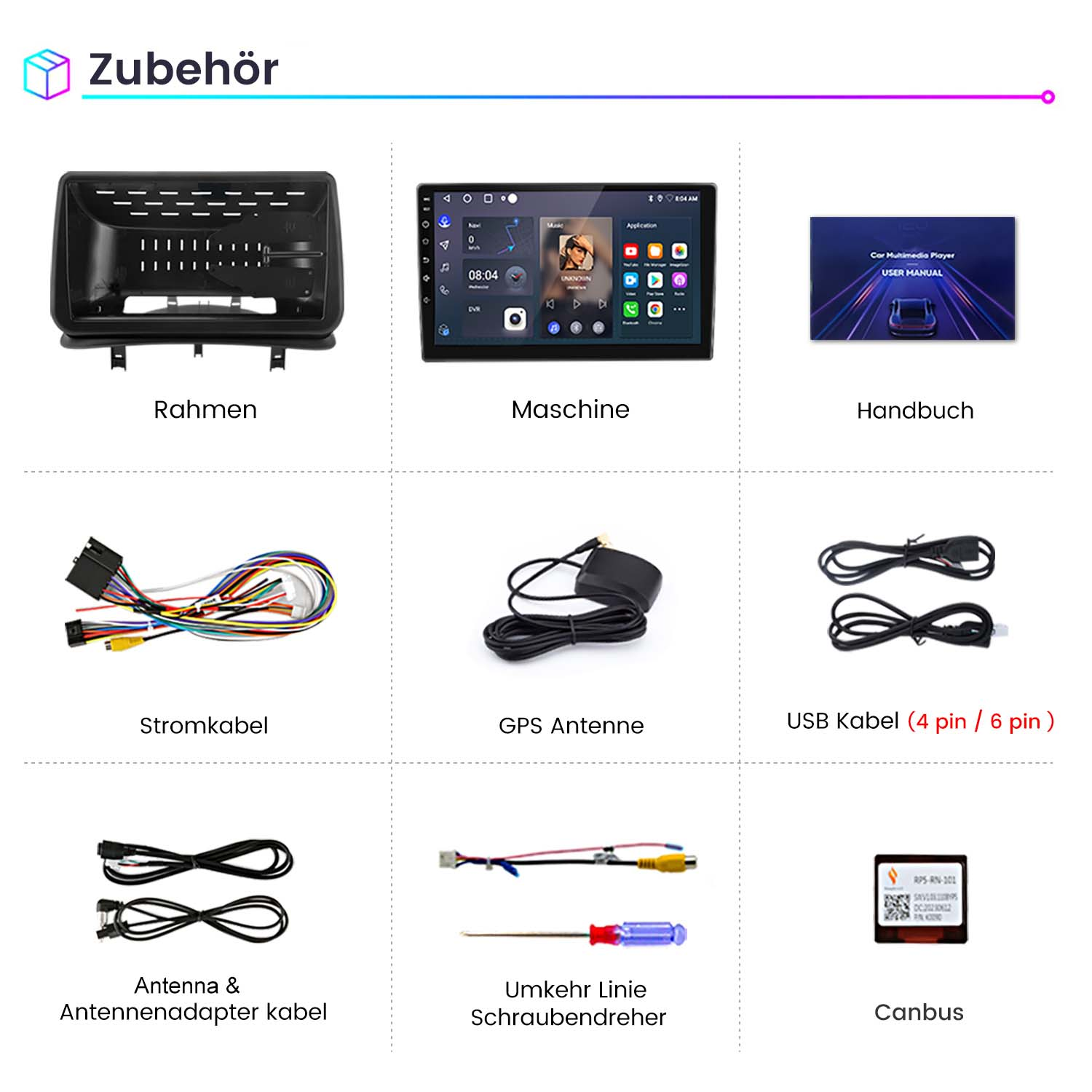 Varios accesorios para la instalación de estéreos de coche. Incluye marco, máquina, cables y herramientas en blanco.