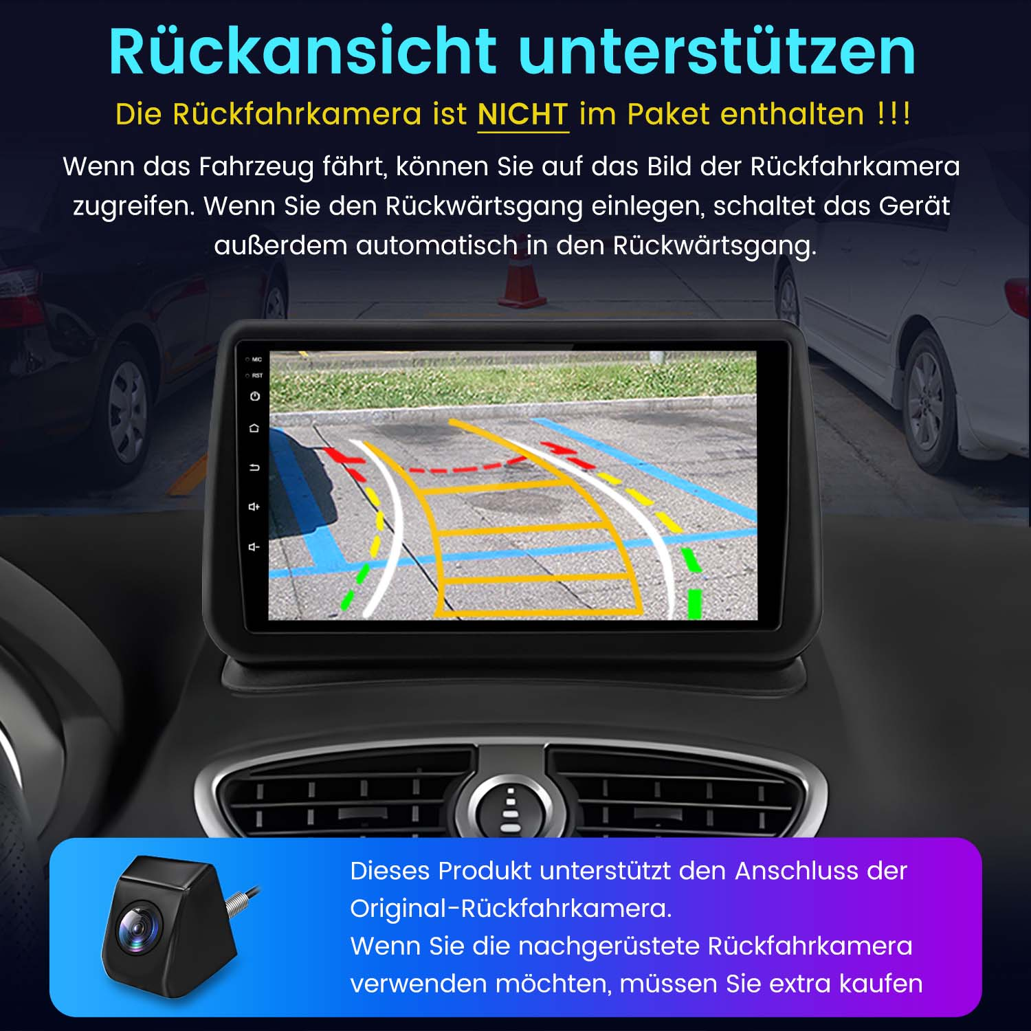 Imagen de la pantalla del coche mostrando la vista de la cámara trasera, con texto en alemán.