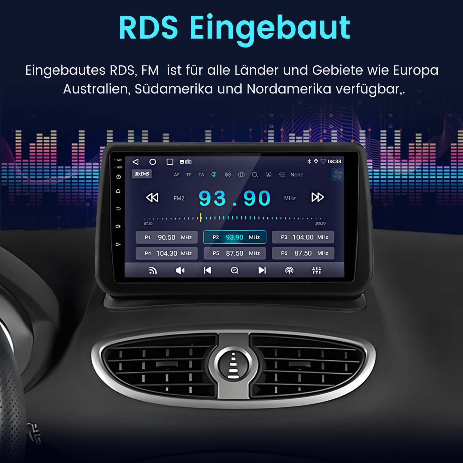 Pantalla de radio de coche que muestra información RDS y frecuencia de radio FM.