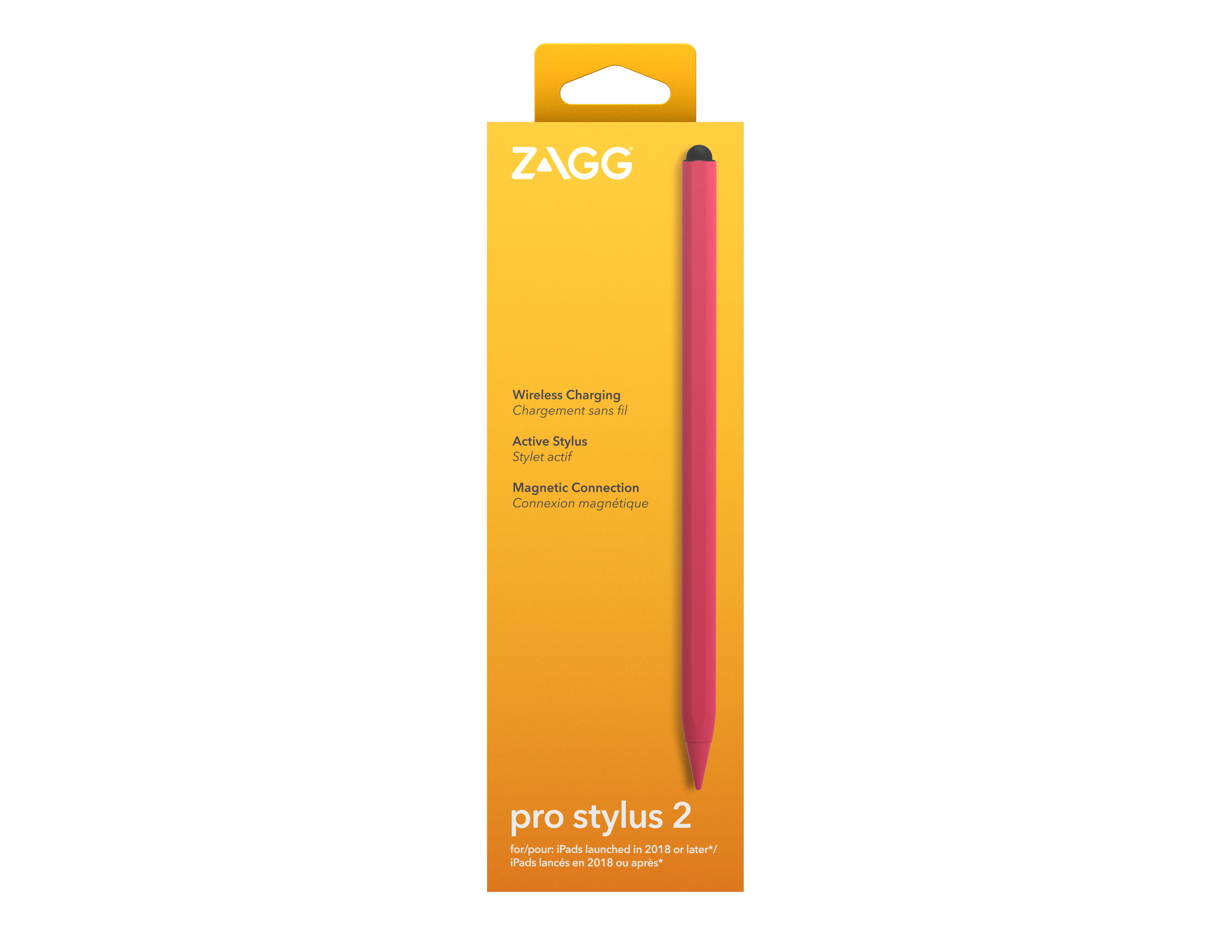 Różowy ZAGG Pro Stylus 2 w pudełku. Czarna końcówka i detale, białe tło. Ładowanie bezprzewodowe.