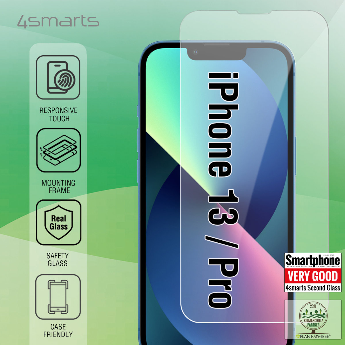 Immagine di una protezione per schermo con testo e icone accanto a un iPhone 13 Pro.