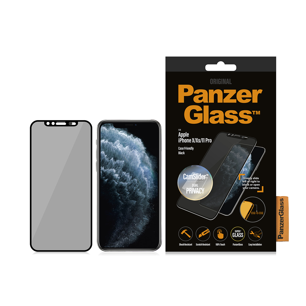 Due telefoni e una scatola Panzer Glass. I telefoni sono neri e grigi. La scatola ha testo.