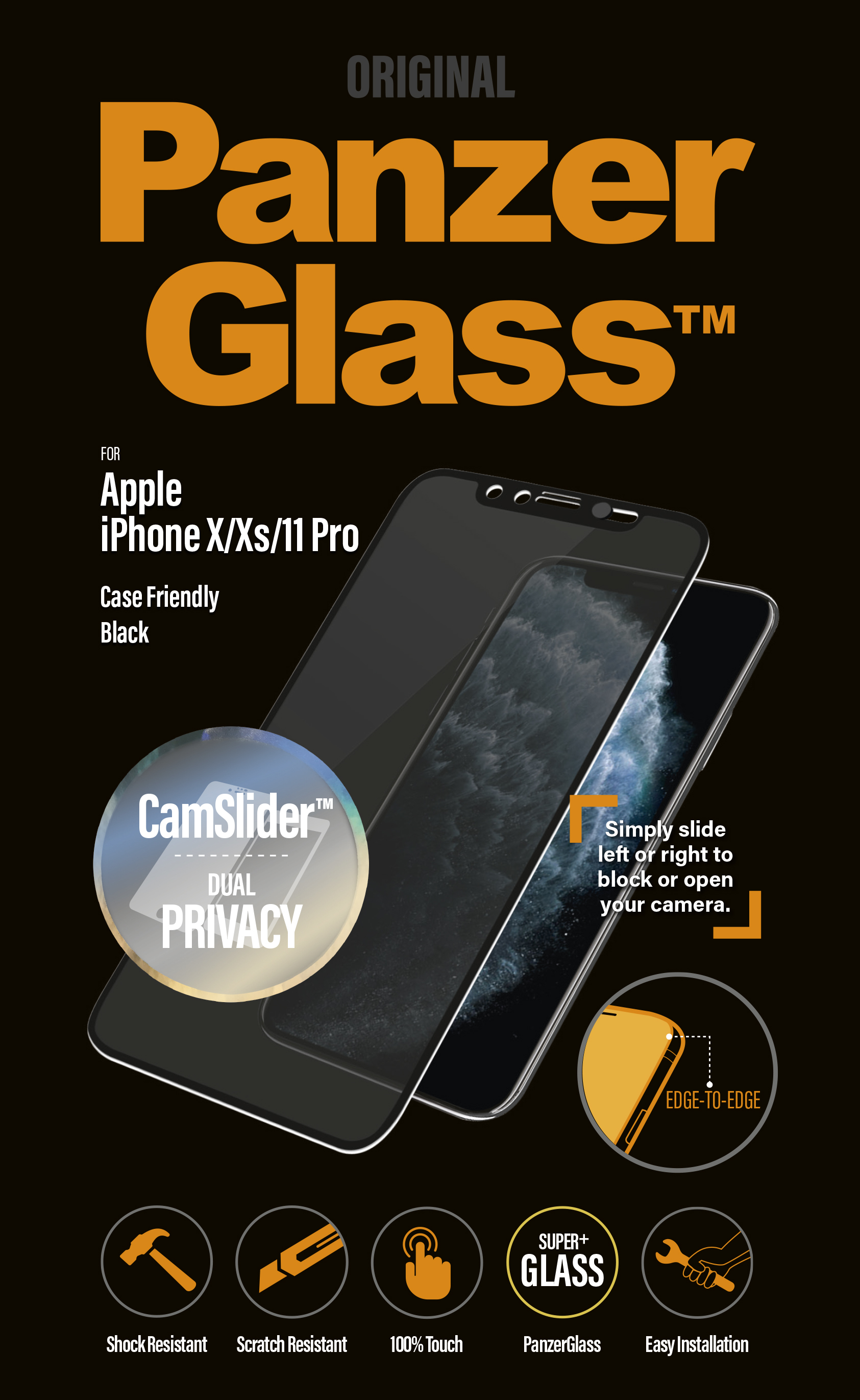 Un poster con due telefoni e imballaggio Panzer Glass. Presenta testo e grafica su nero.