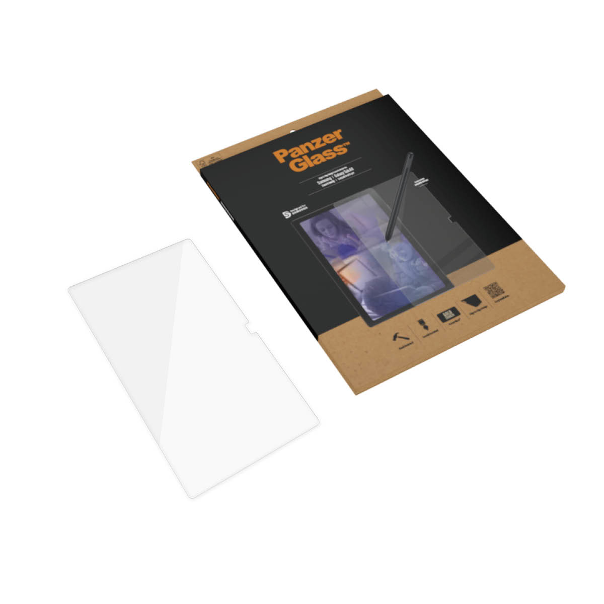 Protezione schermo e scatola su sfondo bianco. La scatola ha un'immagine di penna e tablet.