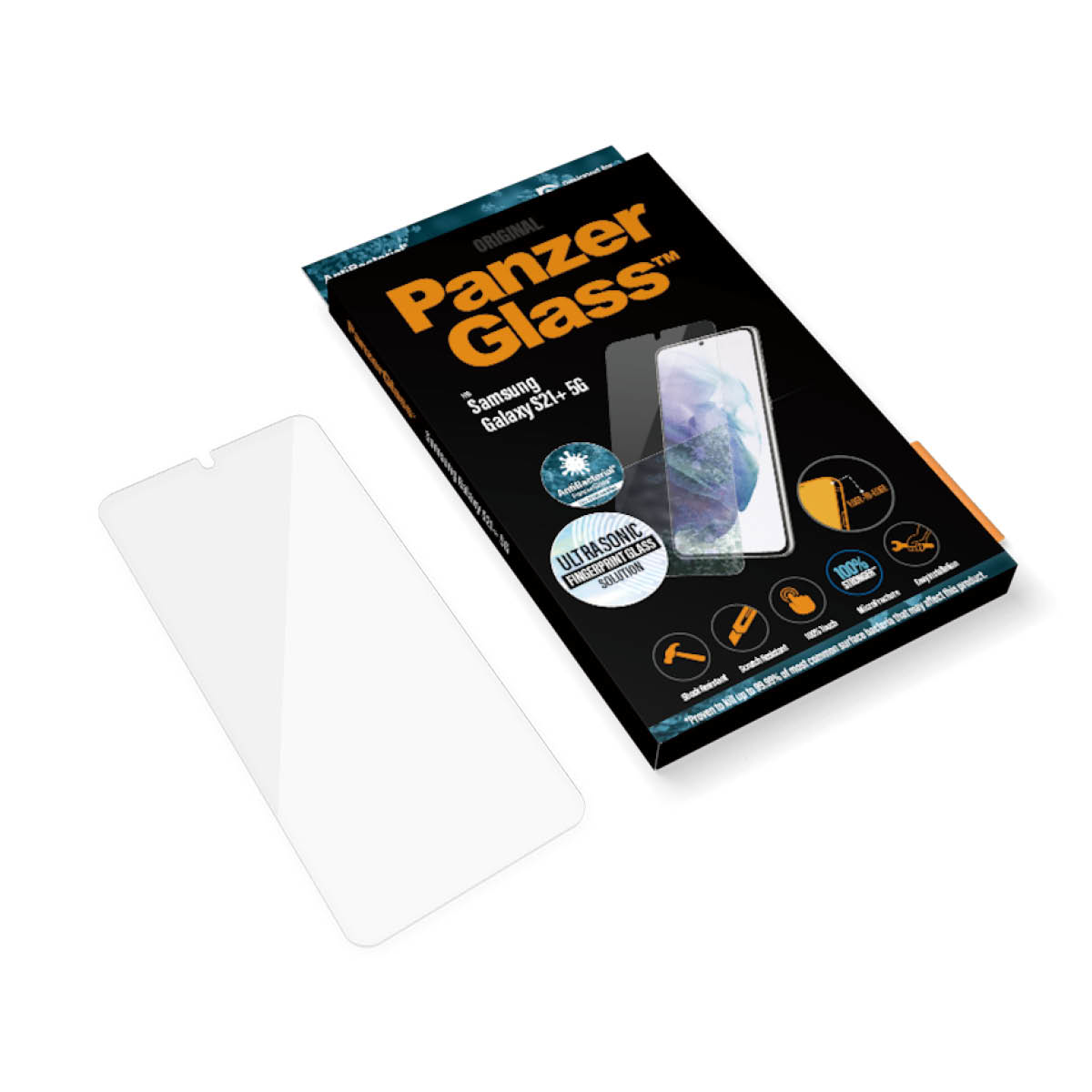 Pellicola protettiva Panzer Glass e scatola per Samsung Galaxy S21+ 5G. Un proteggi schermo in vetro trasparente.