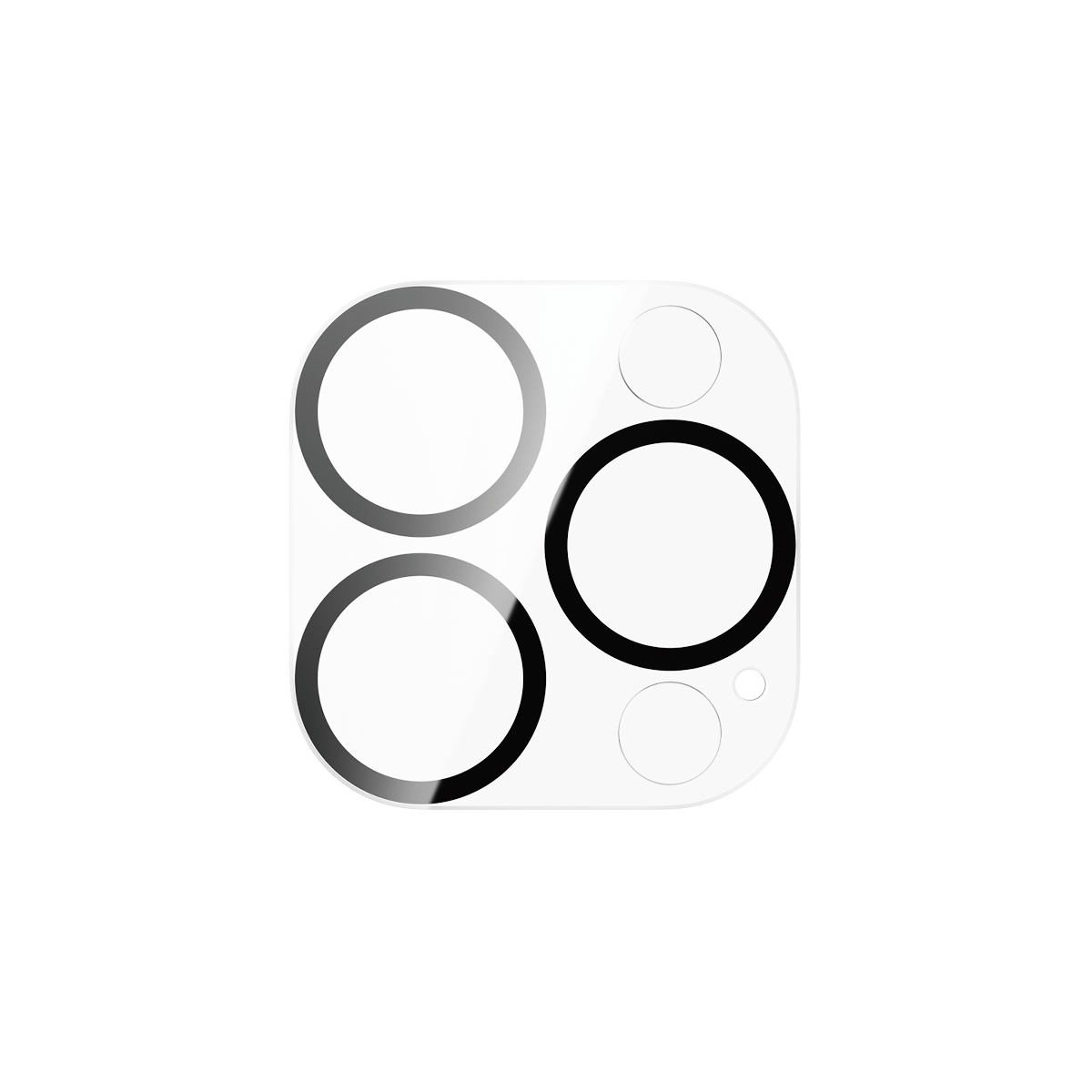 Protezioni per lenti della fotocamera. Cerchi multipli in formazione quadrata, anelli neri, base bianca, su bianco.