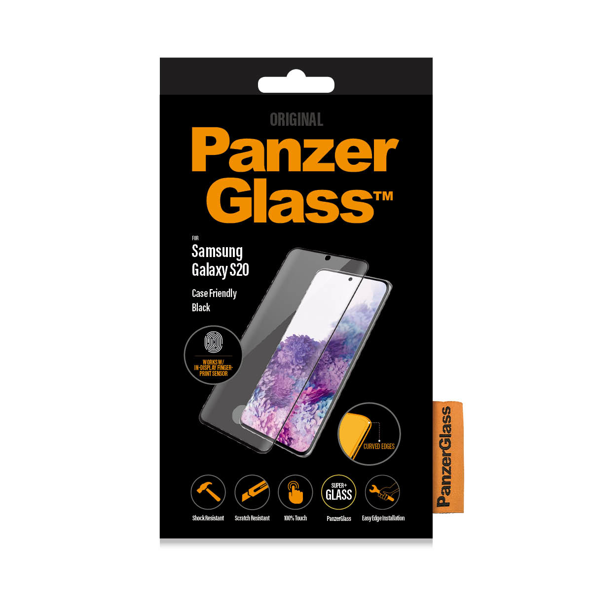 Scatola Panzer Glass per protezione schermo Samsung Galaxy S20. Scatola nera con immagine del prodotto e icone.