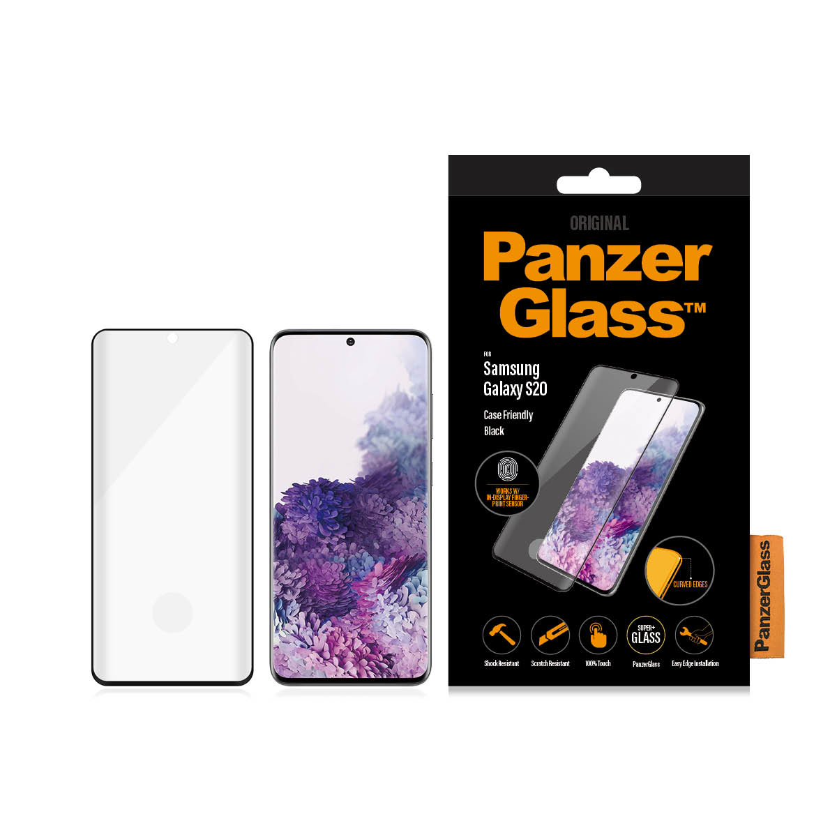 Pellicola protettiva Panzer Glass e telefono. La protezione e un telefono con immagine dello schermo e la scatola.