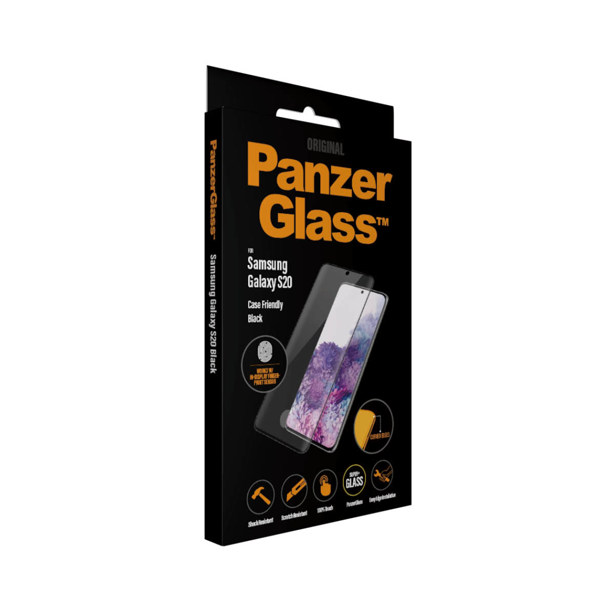 Scatola Panzer Glass per Samsung Galaxy S20, nera. Vista angolata della scatola, che mostra il prodotto.