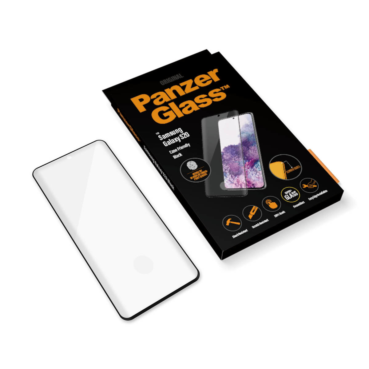 Pellicola protettiva Panzer Glass e scatola per Samsung Galaxy S20. Il proteggi schermo e la scatola del prodotto.