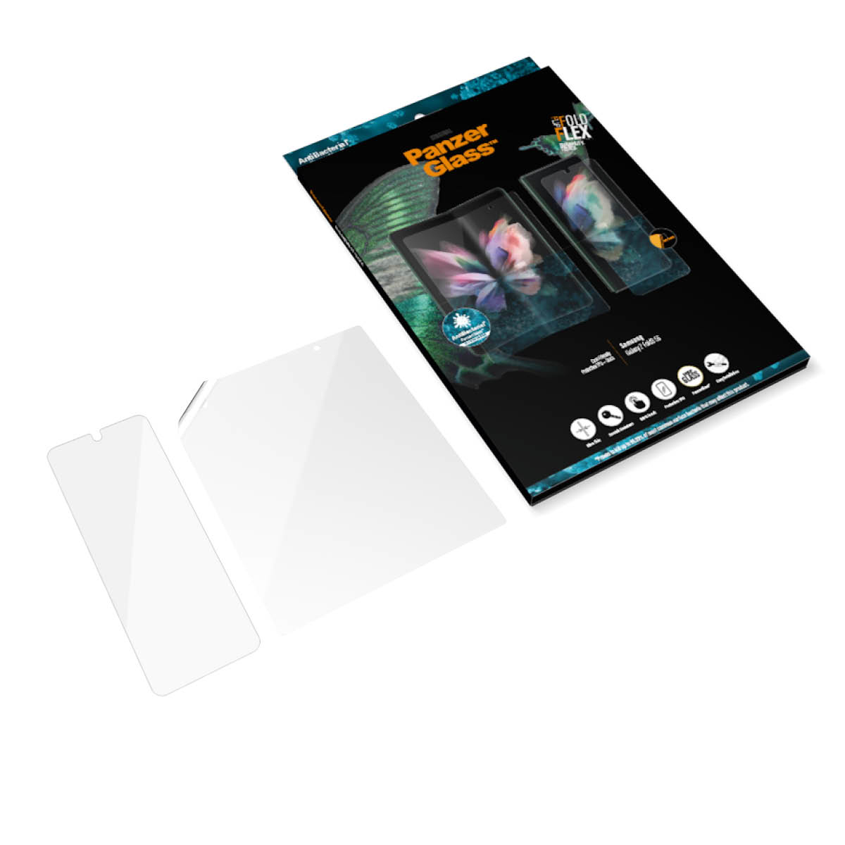 Screenprotector en doos. Tekst in het Engels.
