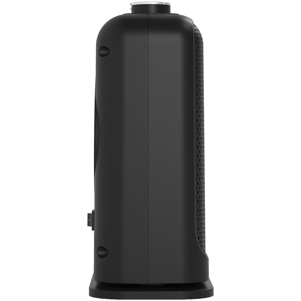 Altoparlante nero con fori di ventilazione. Sfondo bianco.