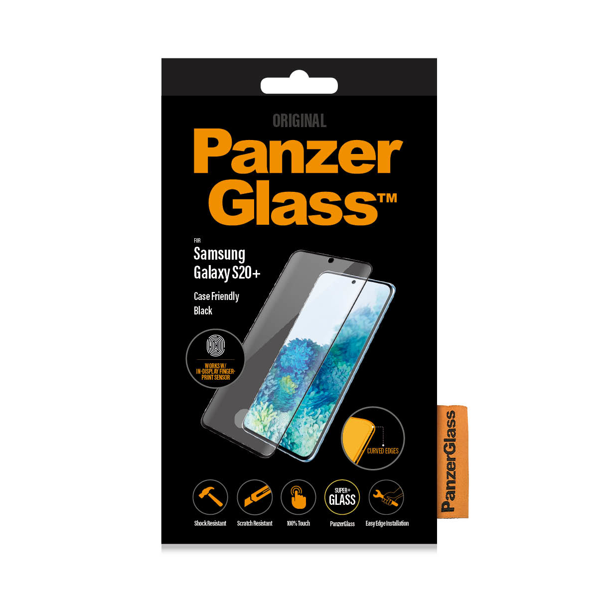 Scatola Panzer Glass per protezione schermo Samsung Galaxy S20+. Scatola nera con immagine e icone.