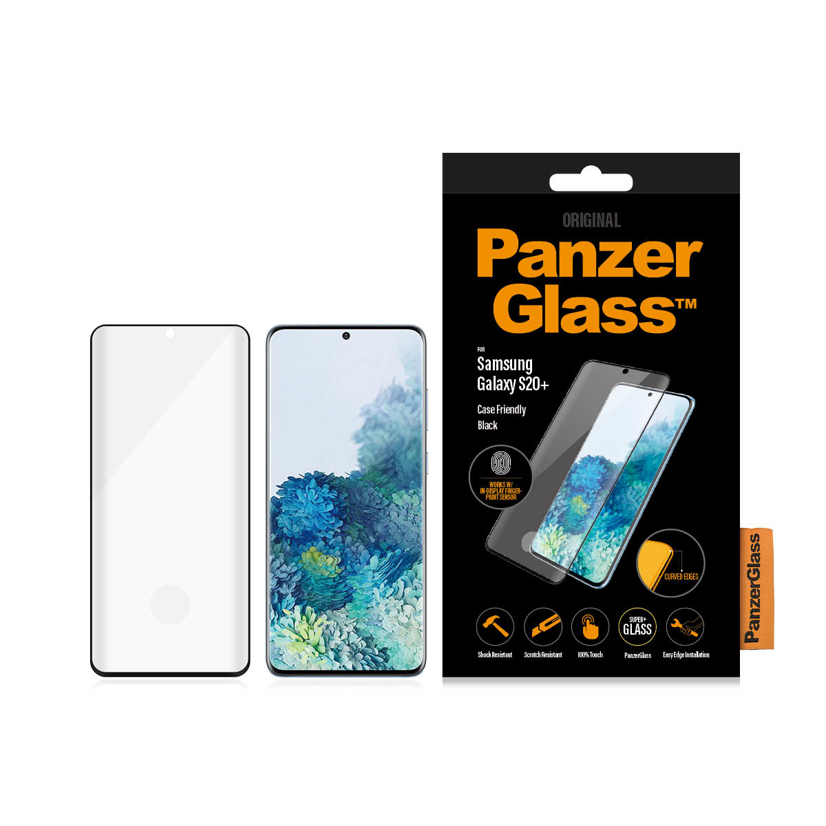 Pellicola protettiva Panzer Glass e telefono con immagine dello schermo, con la scatola del prodotto. Protettore e scatola.