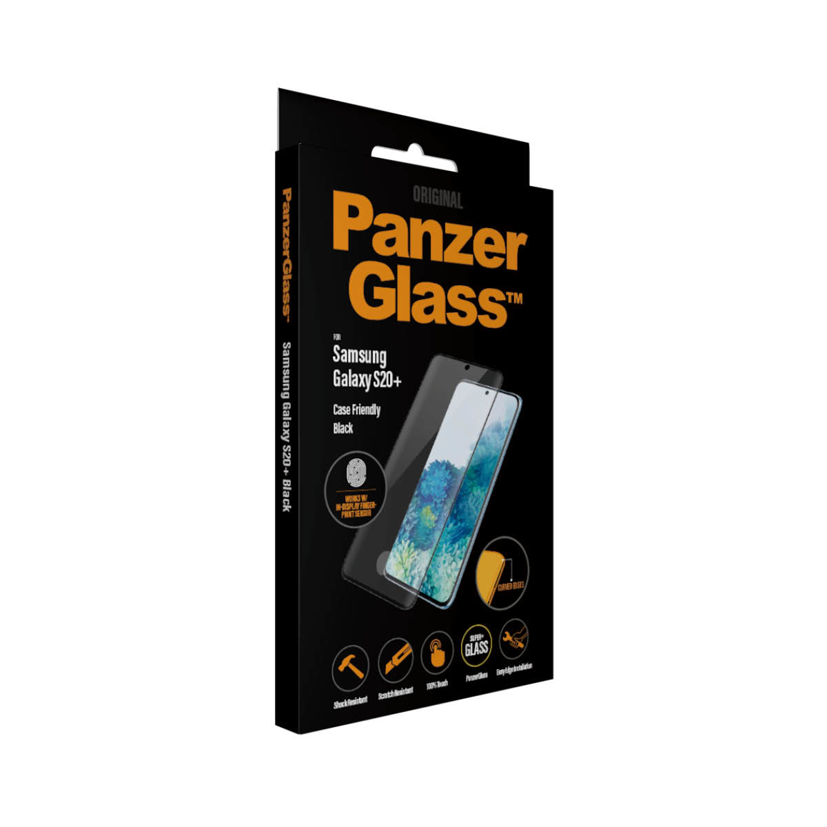 Scatola Panzer Glass per Samsung Galaxy S20+, nera. Vista angolata della scatola, mostra il prodotto e le icone.