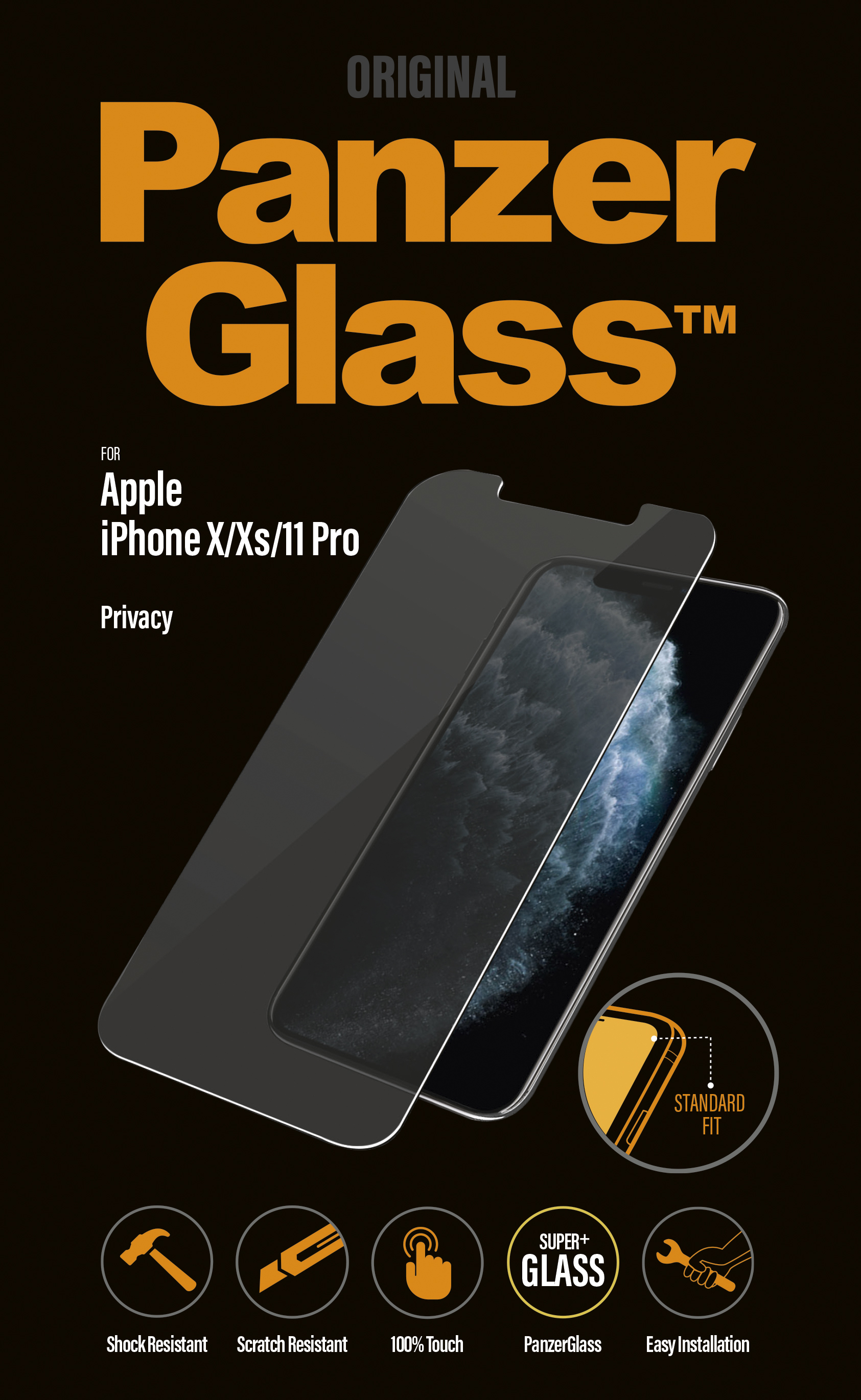 Scatola Panzer Glass per iPhone X/Xs/11 Pro. La scatola mostra un telefono e una protezione schermo.