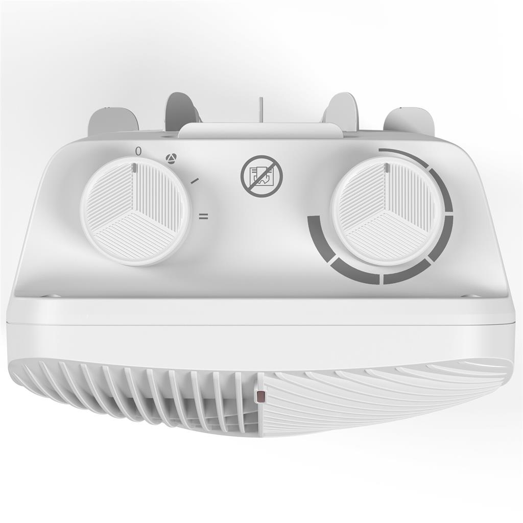 Białe urządzenie z dwoma pokrętłami i wentylatorem. Ma minimalistyczny design i jest białe.