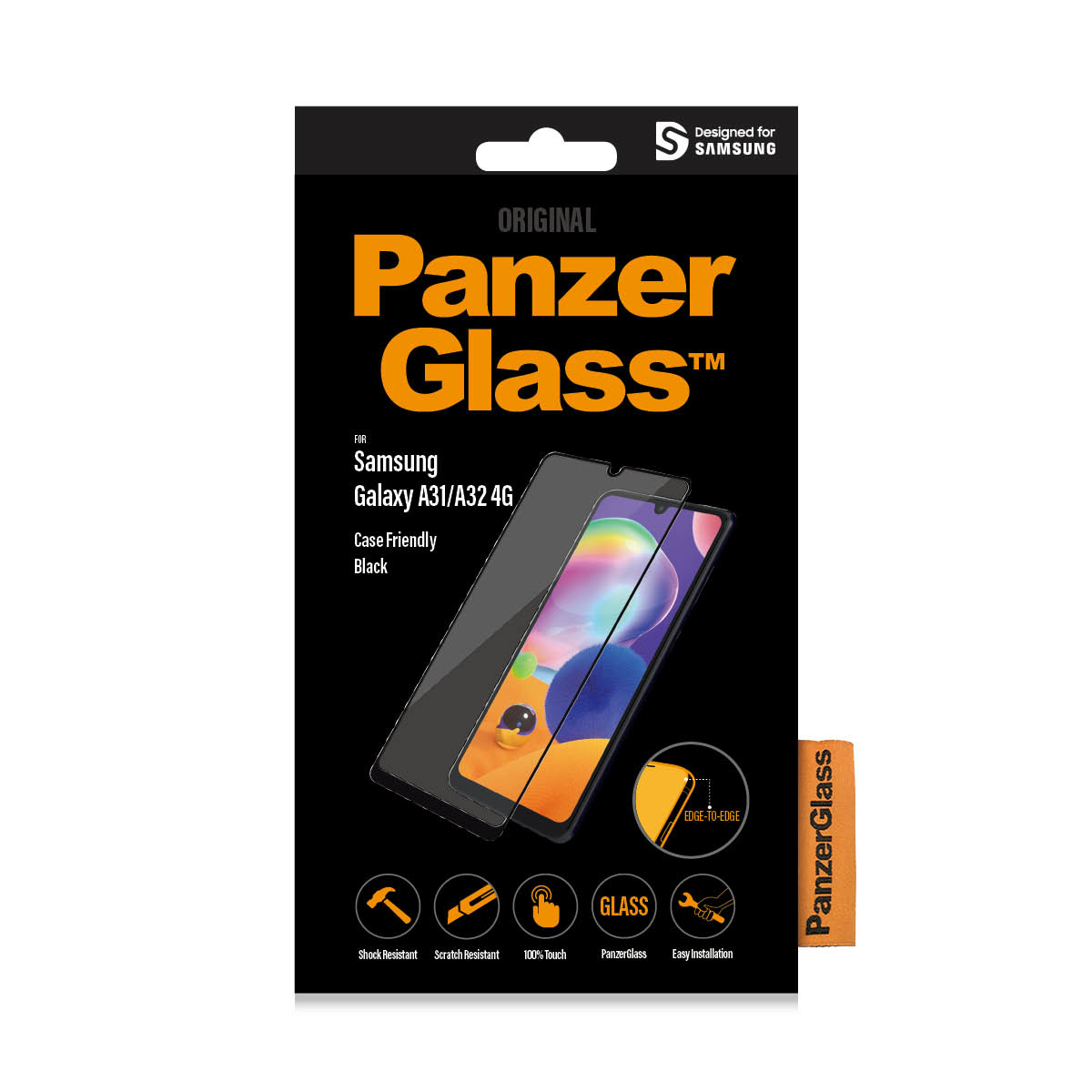 Panzer Glass Box für Samsung Galaxy A31/A32 4G. Die Box zeigt ein Telefon und einen Displayschutz.