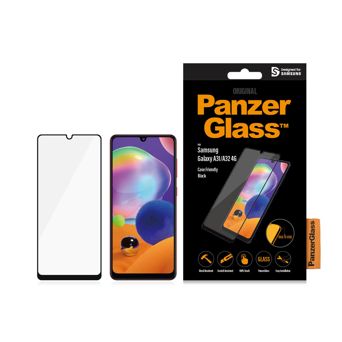 Panzer Glass Displayschutzfolie und Telefon. Ein Schutz und ein Telefon links, daneben eine Produktbox.
