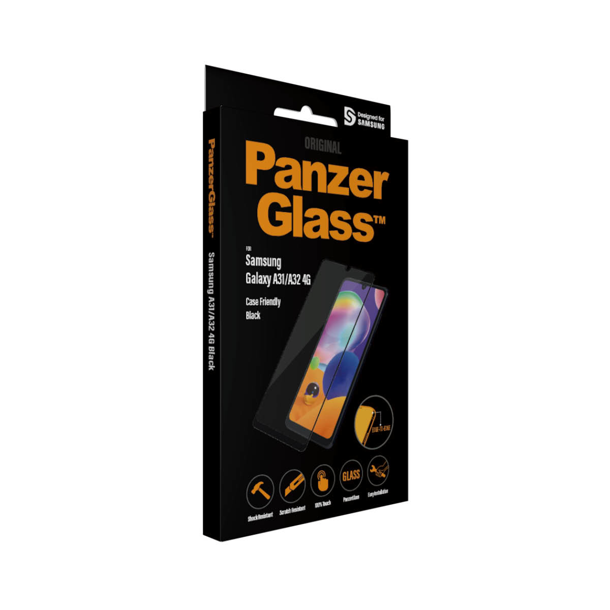 Schachtel mit Displayschutzfolie für Samsung Galaxy. Schwarze Schachtel mit Produktdetails und Symbolen.